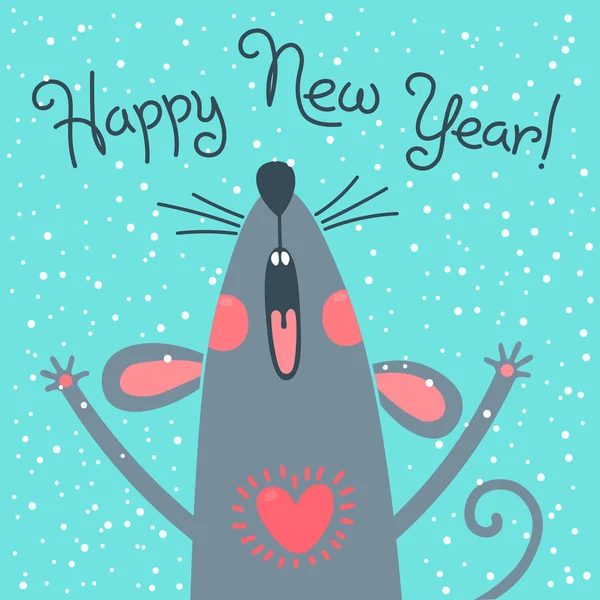귀여운 회색 쥐는 새해 복 설을 기원합니다. 2020의 상징엽서. 벡터 일러스트레이션 — 스톡 벡터