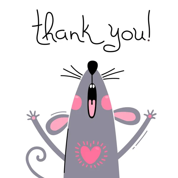 Vector illustration of a cute little mouse says thank you. Greeting card with a cute and funny rat — Stock Vector