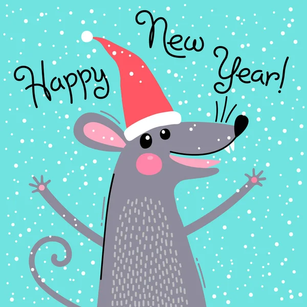 Söt grå råtta i Santas hatt önskar gott nytt år. Vykort med en symbol på 2020. Vektor illustration — Stock vektor