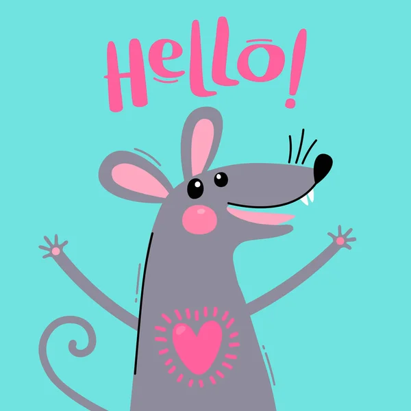 Wenskaart met een schattige rat. Zoete muis zegt hallo. Vector illustratie — Stockvector