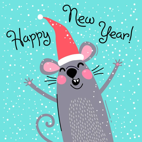 Rato cinza bonito no chapéu de Santas deseja Feliz Ano Novo. Cartão postal com um símbolo de 2020. Ilustração vetorial — Vetor de Stock