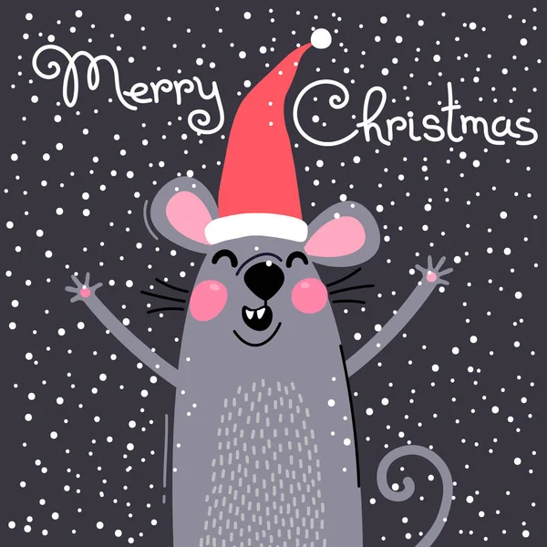 Mignon rat gris dans le chapeau Santas souhaite Joyeux Noël. Carte postale avec un symbole de 2020. Illustration vectorielle — Image vectorielle