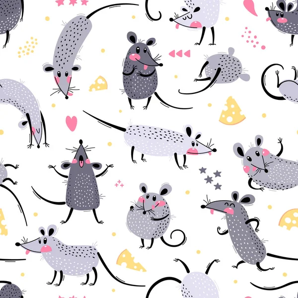 Modèle sans couture avec des rats mignons. Petites souris drôles pour une conception répétable des surfaces et des tissus. Symbole du Nouvel An 2020. Illustration vectorielle — Image vectorielle