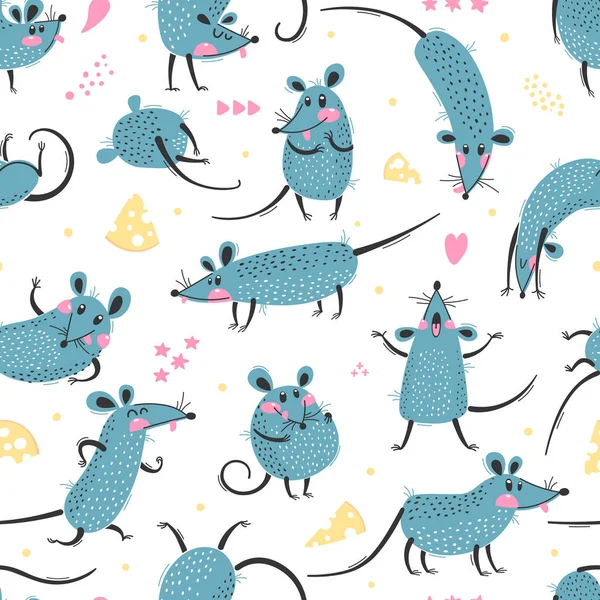 Seamless pattern with cute rats. Funny little mice for a repeatable design of surfaces and fabrics. Symbol of the New Year 2020. Vector illustration — Stock Vector