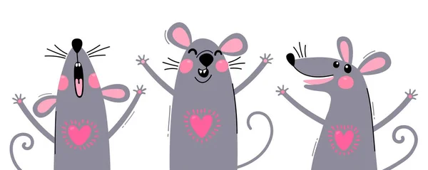 Conjunto de ratas divertidas para el diseño. Ratoncitos lindos en diferentes poses. Feliz juego de ratones. Ilustración vectorial — Vector de stock