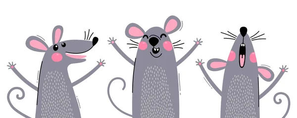 Conjunto de ratas divertidas para el diseño. Ratoncitos lindos en diferentes poses. Feliz juego de ratones. Ilustración vectorial — Archivo Imágenes Vectoriales