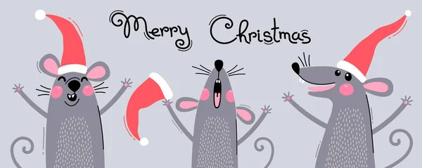 Schattige grijze ratten in Santas hoeden wens vrolijk kerstfeest. Ansichtkaart met symbool 2020. Vector illustratie — Stockvector