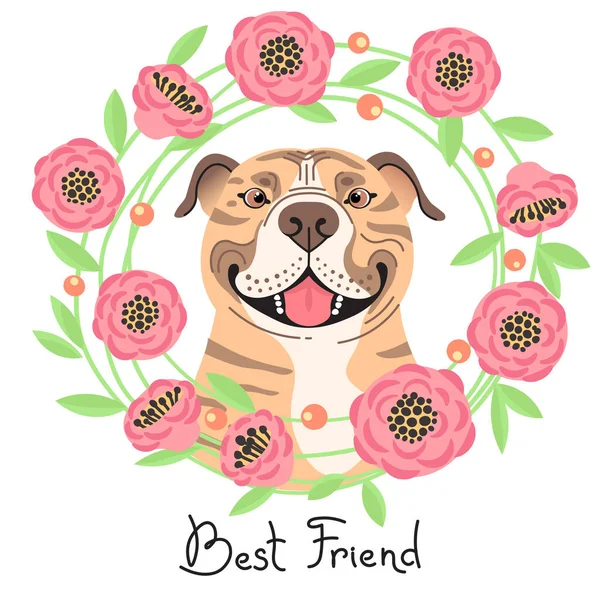 Buon American Staffordshire Pit Bull Terrier. Migliore amico - Pit Bull cane e ghirlanda di fiori in stile cartone animato. Illustrazione vettoriale — Vettoriale Stock