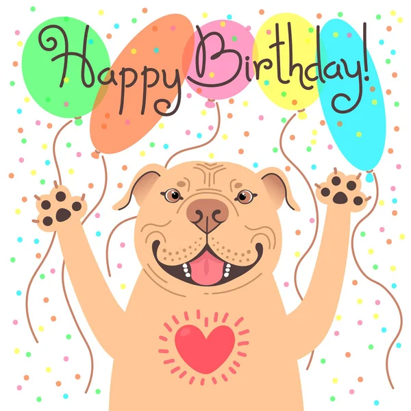 Bonito cartão de aniversário feliz com cachorro engraçado Pit Bull. Adorável americano Staffordshire Pitbull Terrier cão e balões. Ilustração vetorial — Vetor de Stock