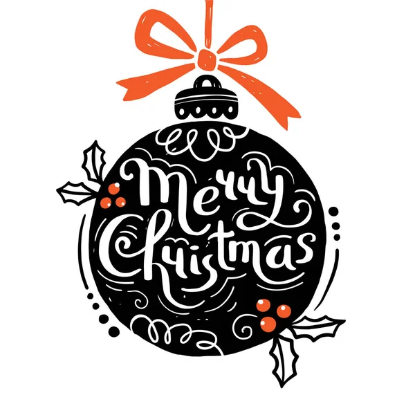 メリークリスマスクリスマスボールと手の手紙を描いた。北欧風のグラフィック。グリーティングカード、ポスター、プリントとして使用できます。ベクターイラスト — ストックベクタ