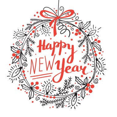 Mutlu yıllar kartı. Köknar dallarının şenlikli çelengi, Holly, çelenk ışıkları. Grafik vektör illüstrasyonu