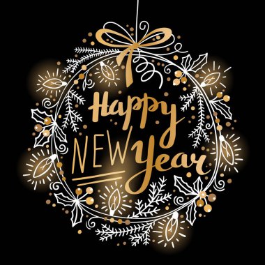 Mutlu yıllar kartı. Köknar dallarının şenlikli çelengi, Holly, çelenk ışıkları. Grafik vektör illüstrasyonu