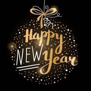 Altın Noel oyuncağı ve yeni yılınız kutlu olsun. Tebrik kartı. Vektör illüstrasyonu