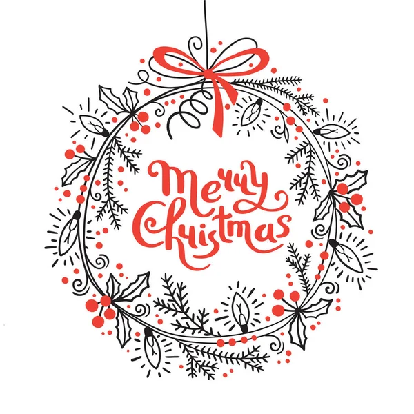 メリークリスマスカードモミの枝、ホリー、ガーランドライトの祭りの花輪。グラフィックベクトルイラスト — ストックベクタ