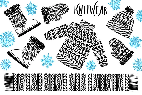 I love Winter Knitwear. Sweater, hat, mitten, boot, scarf with patterns, snowflakes. Winter sale shopping concept to design banners, price or label. Isolated vector illustration — Stock Vector