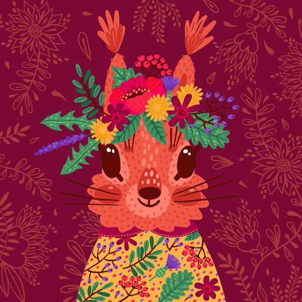 Hand drawn vector illustration with a cute squirrel in a flower wreath, for children s prints, greetings, posters, t-shirt, packaging, invites. Funny cartoon animal — Stock Vector