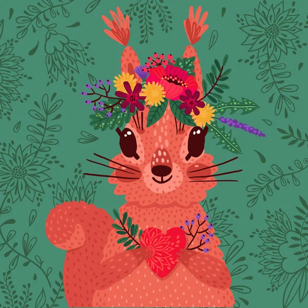 Mignon écureuil rouge dans une couronne de fleurs tient un cœur dans ses pattes. Illustration vectorielle en style dessin animé. Déclaration d'amour et carte de vœux — Image vectorielle