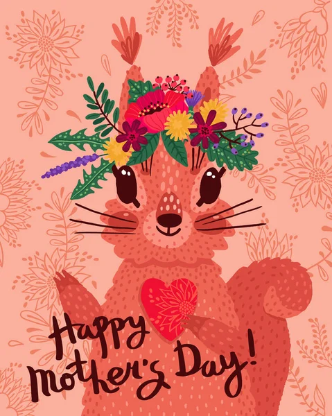 Belo cartão Feliz Dia das Mães com um esquilo, flores e um coração. Ilustração vetorial para cartões postais —  Vetores de Stock