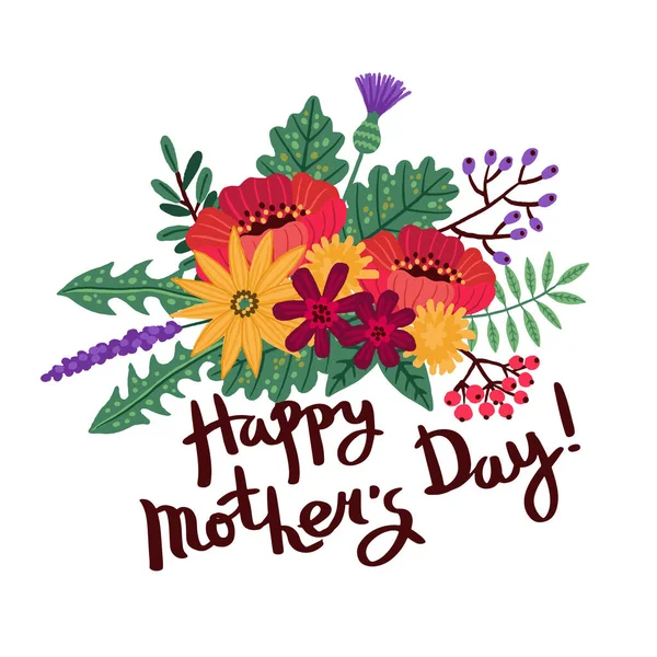 Sullo sfondo della giornata delle madri con testo scritto a mano Happy Mothers Day e un mazzo di fiori e foglie. Illustrazione vettoriale — Vettoriale Stock
