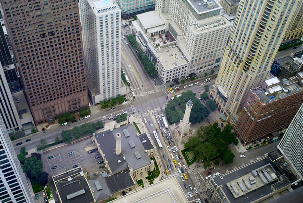 CHICAGO, ILLINOIS, USA - July 26 2009: Aerial view of a busy intersection in Chicago.