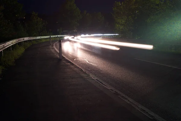 Trafic Timp Noapte Trasee Lumină Albă Colț Autostradă Expunere Lungă — Fotografie, imagine de stoc