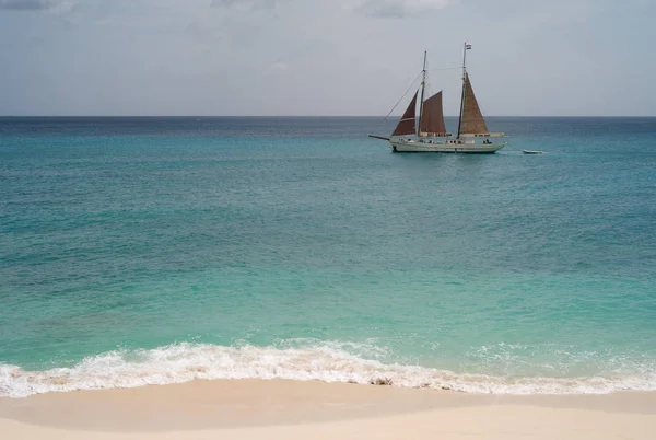 Strand Auf Sint Maarten Und Vorbeifahrende Segeljacht — Stockfoto