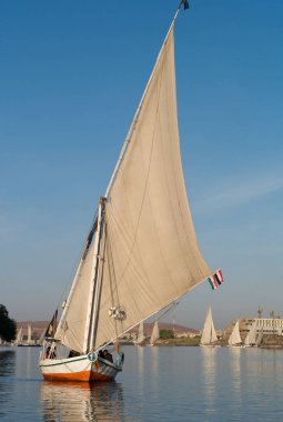 Aswan, Mısır - 3 Ocak 2011: Bir geleneksel Mısır yelken felucca yakınındaki Aswan, Mısır Nil nehri seyir denilen tekne. 