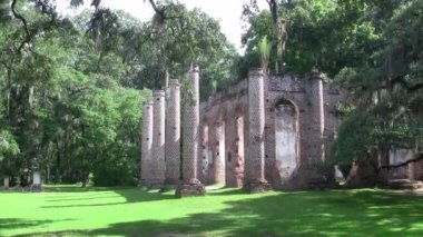 Eski Sheldon Kilisesi Harabeleri - Ağaçlar ve Yeşil Çim ile Kuzey Beaufort County, Güney Carolina Eski Kilisesi Sütunları