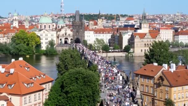 布拉格的查理大桥横跨伏尔塔瓦河 鸟瞰图 游客在炎热的夏日经过 — 图库视频影像