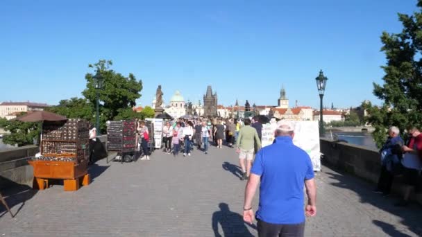 Marcher à travers le pont Charles Crowded à Prague — Video