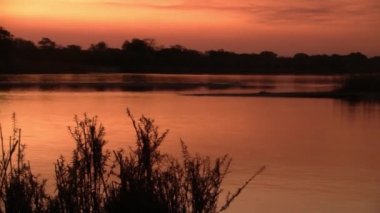 Namibya, Afrika'da Güzel Turuncu Renkler ile Okavango Nehri üzerinde Romantik Gün batımı