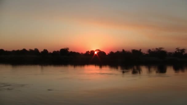 Puesta Sol Romántica Río Okavango Con Hermosos Colores Naranja Namibia — Vídeo de stock