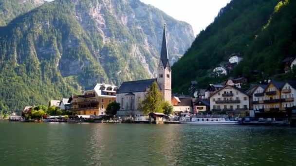 Hallstatt Austria June 2020 Hallstatt Cityscape Beautiful View Evangelical Church — Stock Video