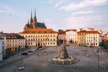 Brno, Çek Cumhuriyeti - 13 Eylül 2020: Lahana Pazarı veya Barok Parnas Çeşmesi ve Peter ve Paul Katedrali ile Zelny Trh