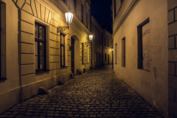 Retezova Street in Prague at Night, a Mysterious, Spooky, Creepy, Dark Cobblestone Alley