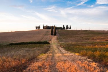San Qurico d 'Orcia, İtalya - 18 Ağustos 2020: Villa Poggio Manzuoli ya da Val d' Orcia 'daki Gladyatör Evi, Tuscany Akşam Günbatımında