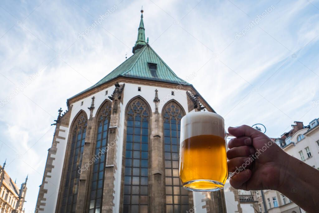 Tasty Pint of Light, Golden Pilsner Lager Beer called Svetly Lezak Pivo in Czech on Saint James Square in Brno