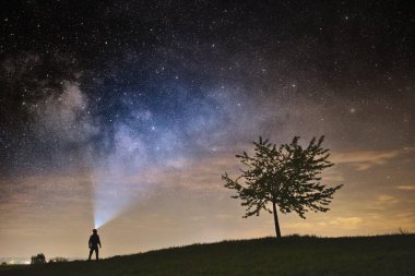 Mavi, karanlık, gökyüzü yıldızlarla dolu.