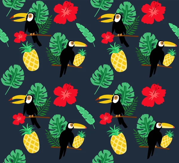 Bezešvý vzor s tukanem, tropickými listy, květy a ananasem — Stockový vektor