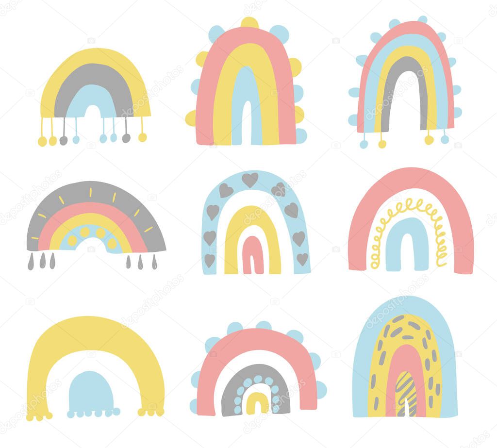 Cute set of hand drawn rainbows. Baby vector.