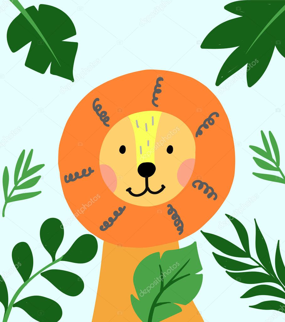 Hand drawn vector lion in frame of tropical leaves. Cute illustration