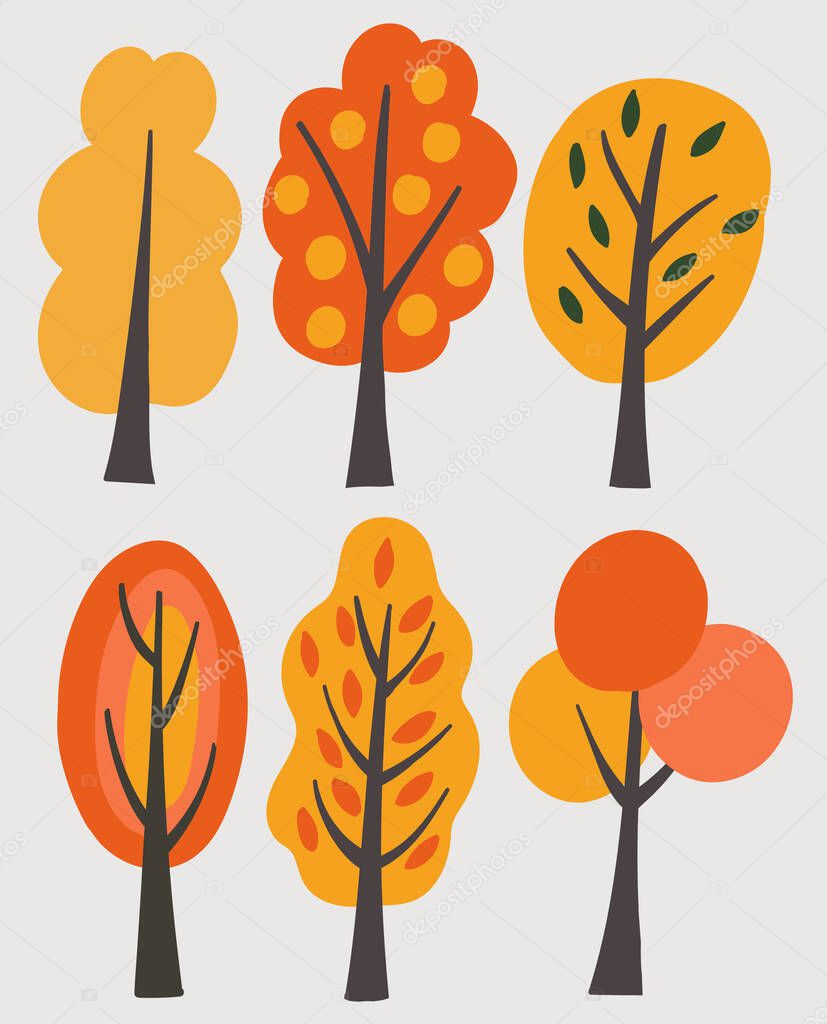 Colorful autumn trees collection on white background
