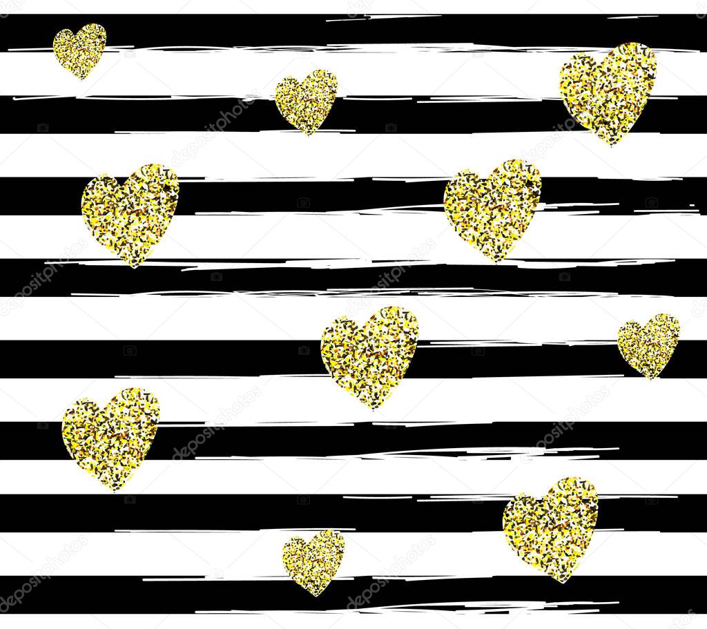 Pattern with black lines and glitter golden hearts on white background.