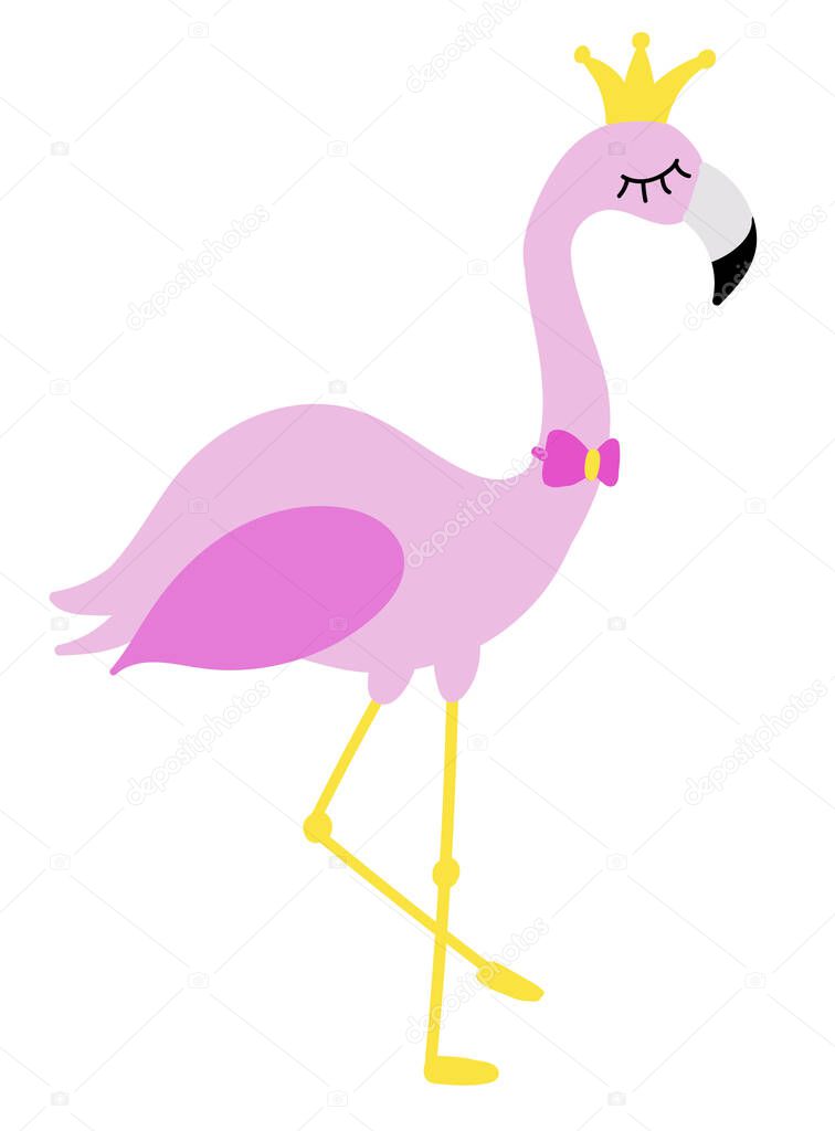 Cute flamingo with crown and bow. Vector flat illustration