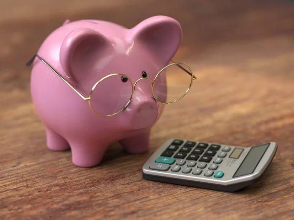 sikke ve hesap makinesi, 3d render, kavramsal görüntü ile Piggy banka.