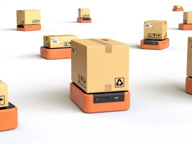 warehouse robots carry boxes,Shipping and logistics concept,3d rendering,conceptual image. clipart