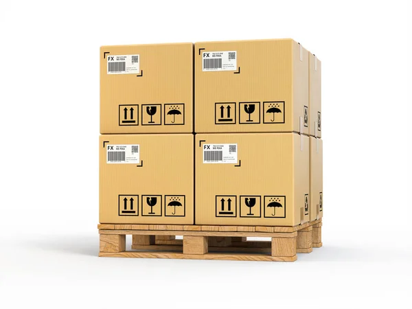 Paletler, üzerinde beyaz, 3d render, kavramsal görüntü izole nakliye tarih karton kutular.