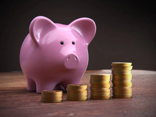 paralar, 3d render, kavramsal görüntü ile Piggy banka.