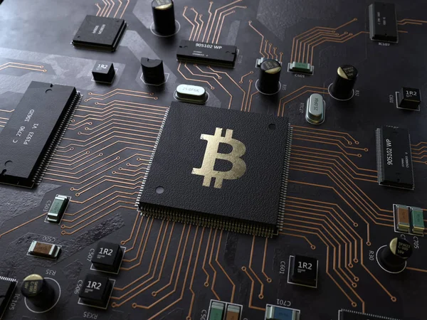 Bitcoin anakart, 3d render, kavramsal görüntü.