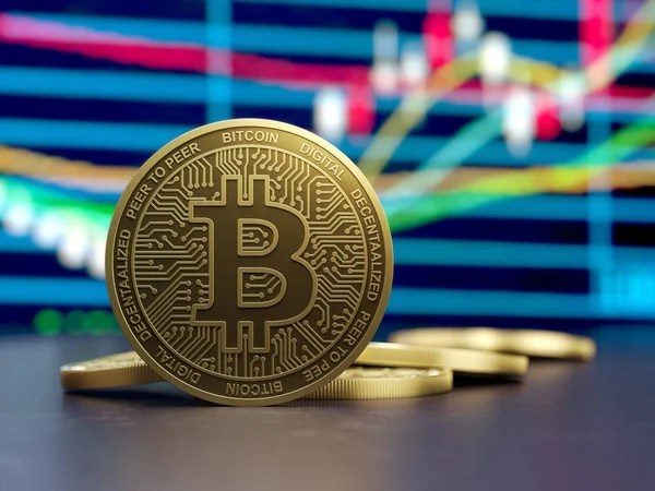 Altın Bitcoin büyüme grafik, 3d render, kavramsal görüntü.